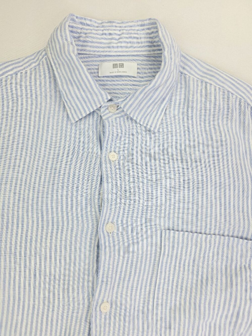 Uniqlo Blue White Stripe Linen Mens Size Large Long Sleeve Spread Collar Shirt